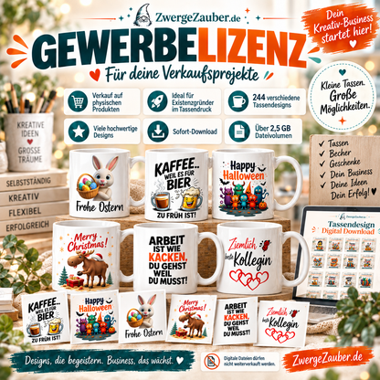 Gewerbelizenz für 244 ZwergeZauber Tassendesigns zum Verkauf selbst hergestellter physischer Produkte