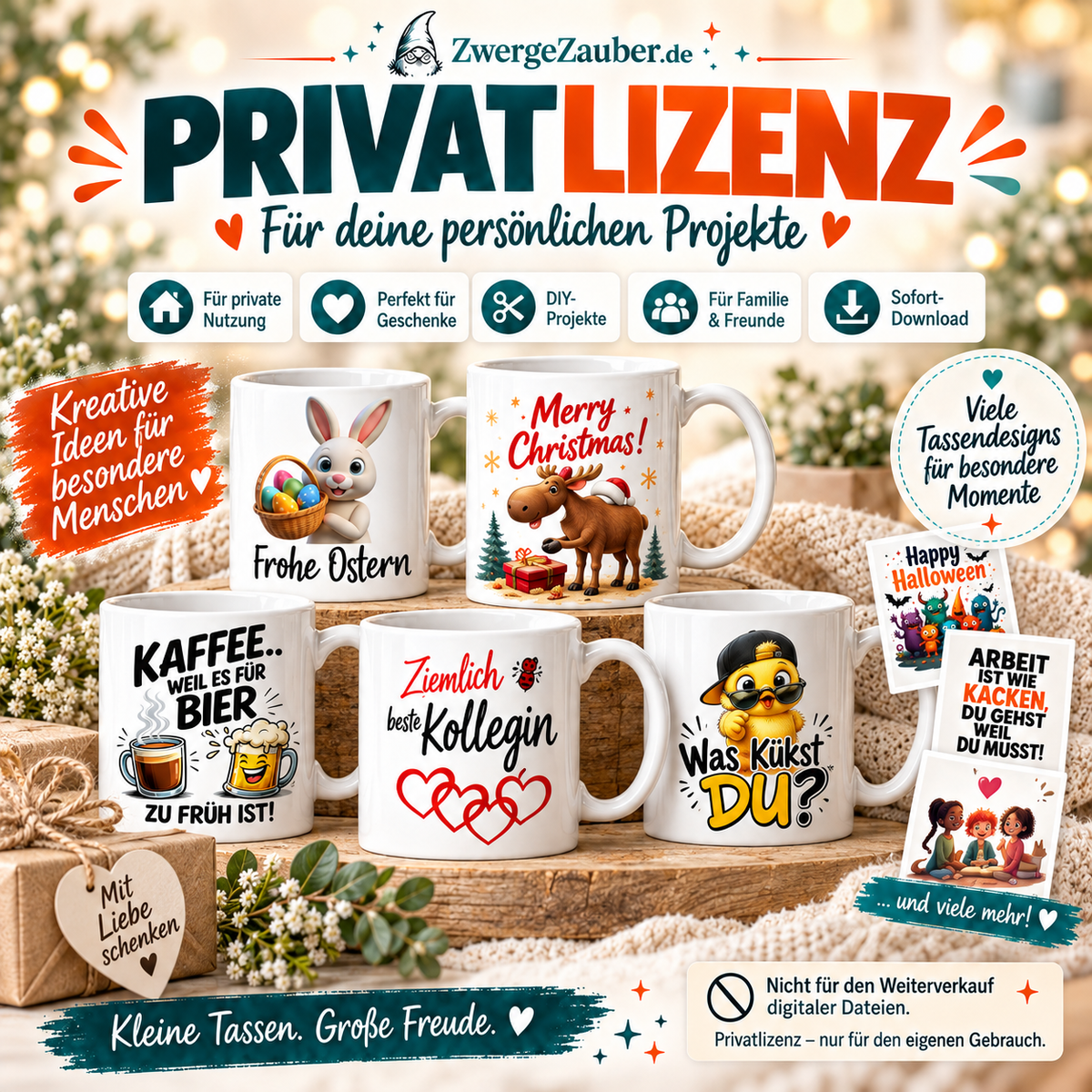 Privatlizenz für das ZwergeZauber Mega Bundle XXL mit 244 Tassendesigns für persönliche Projekte und Geschenke