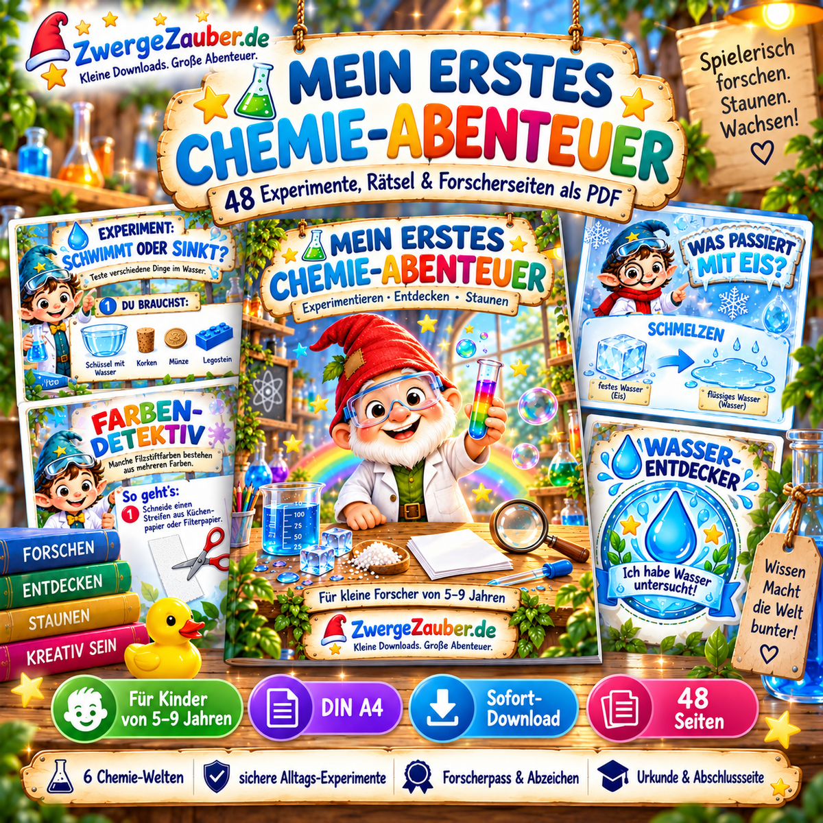 Mein erstes Chemie-Abenteuer von ZwergeZauber – 48-seitiges PDF mit Experimenten, Rätseln und Forscherseiten für Kinder von 5–9 Jahren