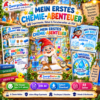 Mein erstes Chemie-Abenteuer von ZwergeZauber – 48-seitiges PDF mit Experimenten, Rätseln und Forscherseiten für Kinder von 5–9 Jahren