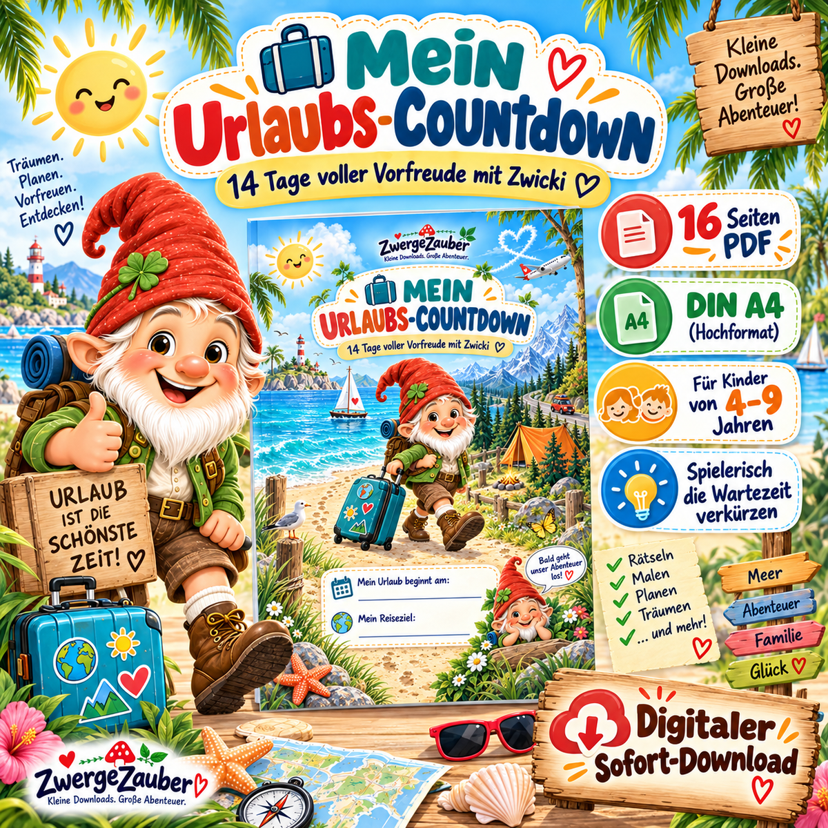 Mein Urlaubs-Countdown für Kinder von 4–9 Jahren – 14 Tage voller Vorfreude mit Zwicki, 16-seitiges PDF zum Ausdrucken