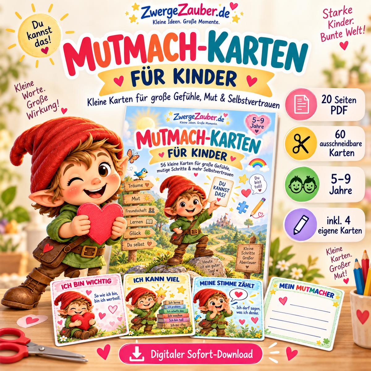 Mutmach-Karten für Kinder von 5 bis 9 Jahren mit Zwicki – 60 ausschneidbare Karten für Gefühle, Mut und Selbstvertrauen als PDF-Download.