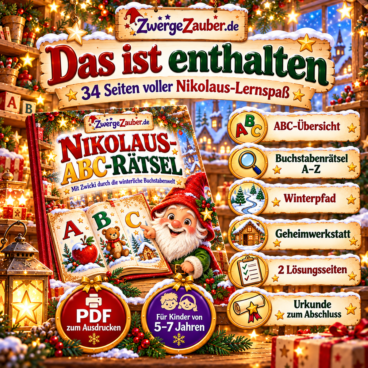 Das ist enthalten: 34 Seiten Nikolaus-ABC-Rätsel mit ABC-Übersicht, Buchstabenrätseln, Winterpfad, Lösungen und Urkunde.