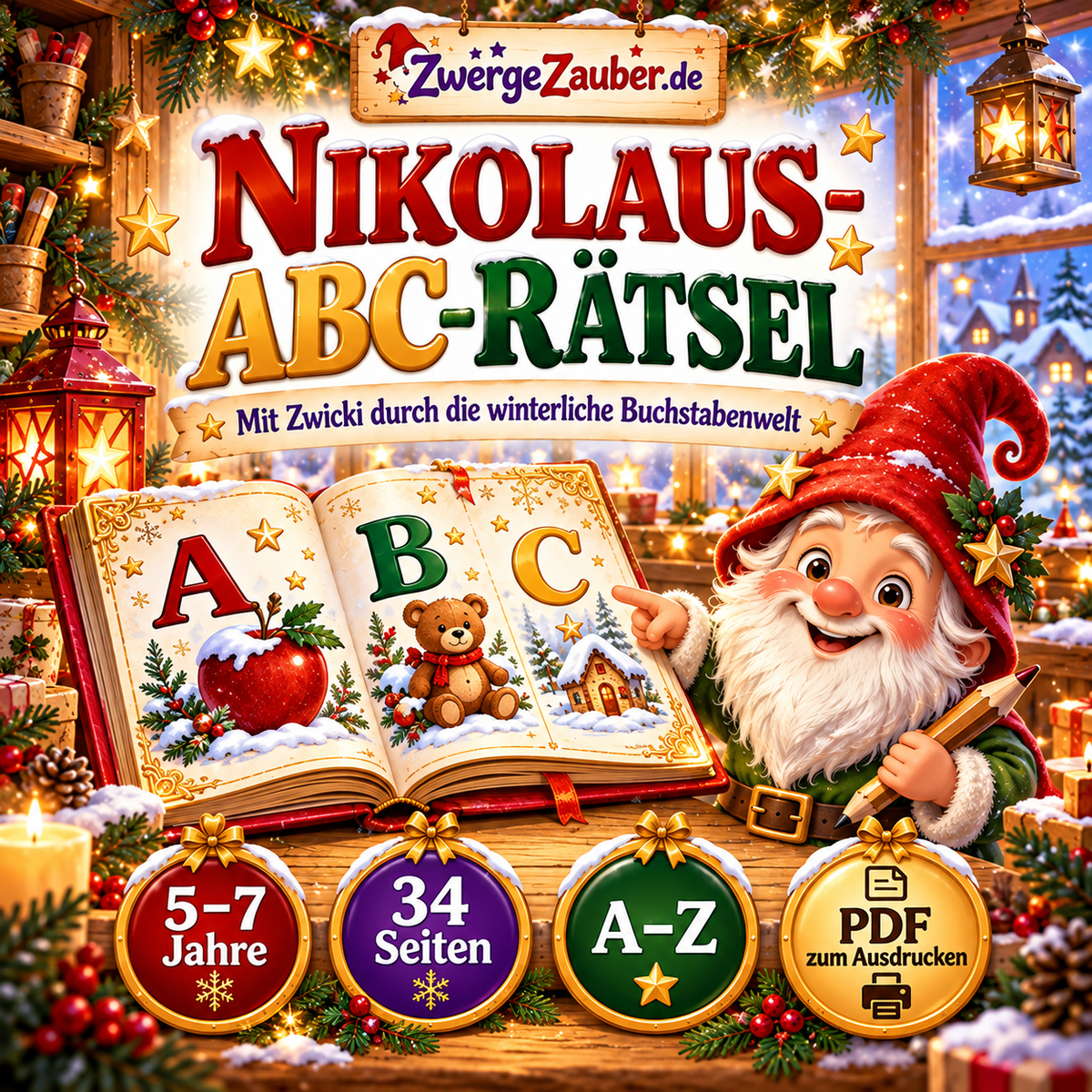 Hauptbild Nikolaus-ABC-Rätsel mit Zwicki, ABC-Buch und 34 Seiten PDF zum Ausdrucken für Kinder von 5 bis 7 Jahren.