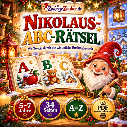 Hauptbild Nikolaus-ABC-Rätsel mit Zwicki, ABC-Buch und 34 Seiten PDF zum Ausdrucken für Kinder von 5 bis 7 Jahren.