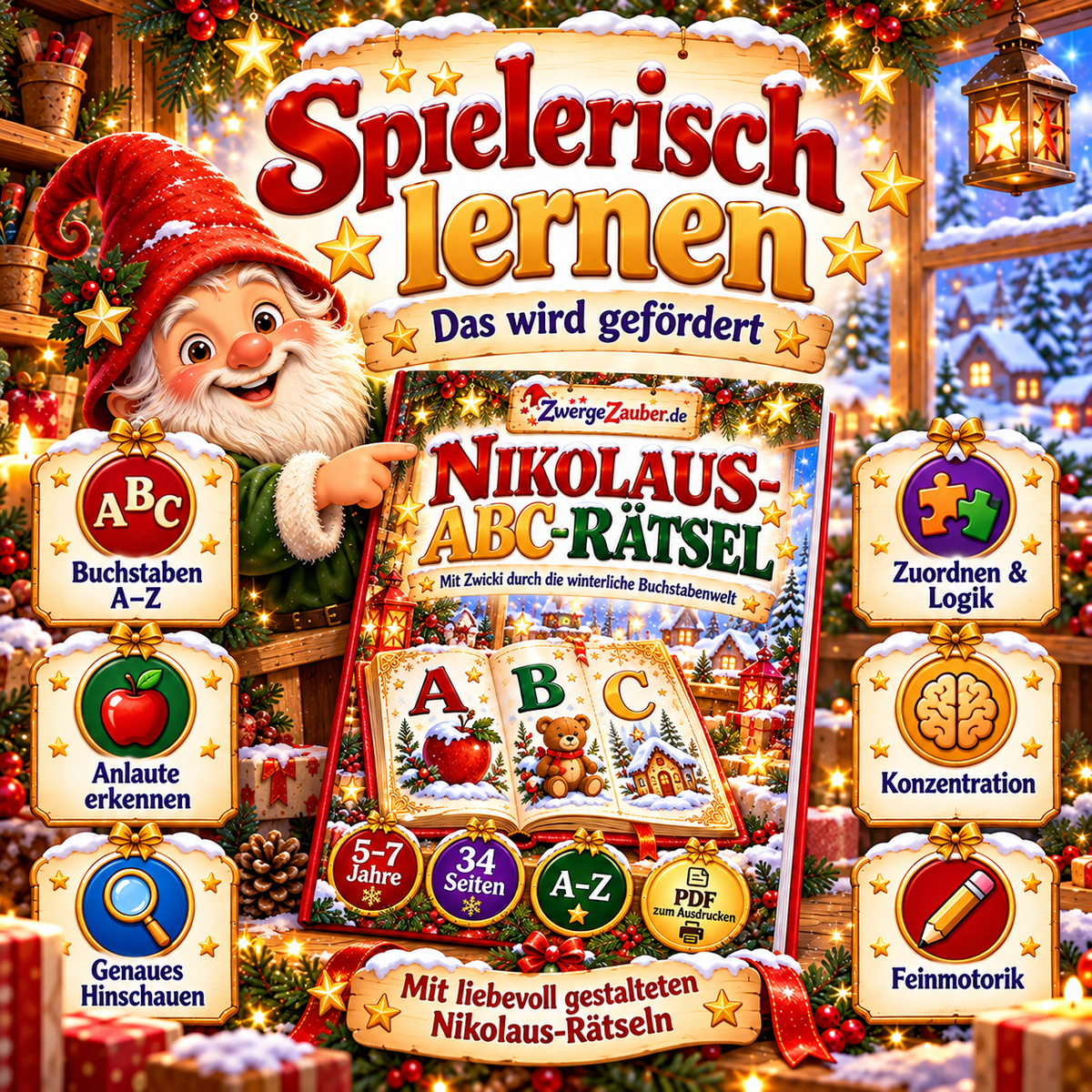 Spielerisch Buchstaben A bis Z lernen mit Zwicki: Anlaute, Zuordnungsrätsel, Konzentration und Feinmotorik fördern.