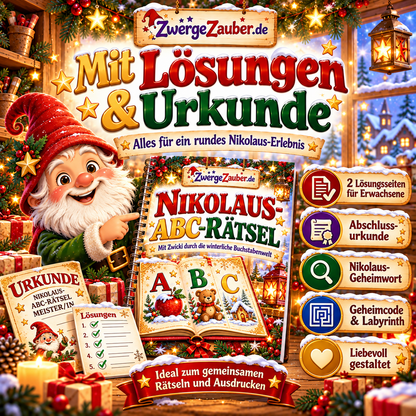 Nikolaus-ABC-Rätsel mit Zwicki, zwei Lösungsseiten, Abschlussurkunde, Geheimcode und Nikolaus-Geheimwort.