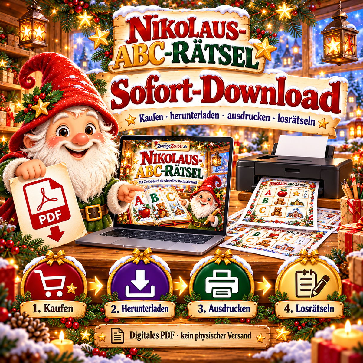 Nikolaus-ABC-Rätsel als PDF-Sofortdownload mit Laptop, Drucker und vier Schritten vom Kauf bis zum Ausdrucken.