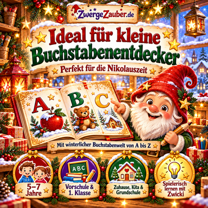 Nikolaus-ABC-Rätsel für Kinder von 5 bis 7 Jahren, mit Zwicki für Zuhause, Kita, Vorschule und erste Klasse.