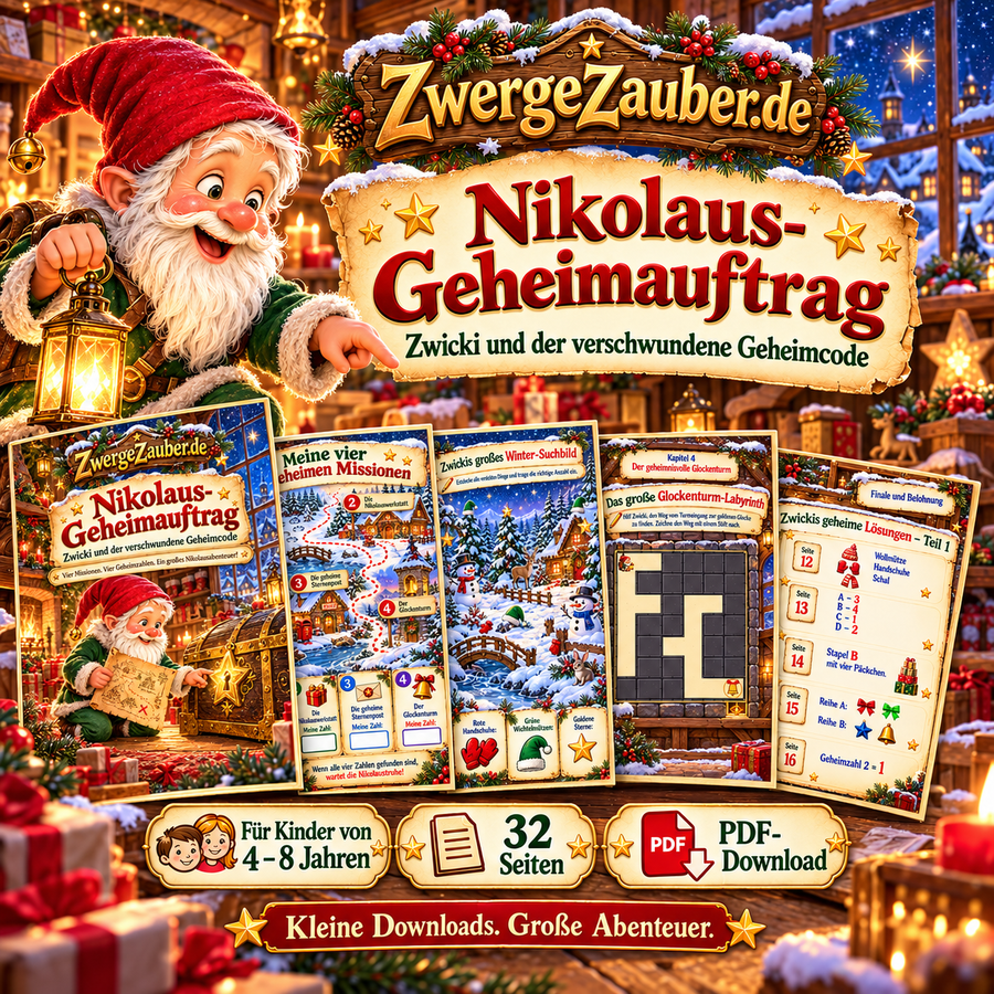 Hauptbild des Nikolaus-Geheimauftrags mit Zwicki, goldener Sternentruhe und Einblick in das 32-seitige Rätselheft für Kinder von 4 bis 8 Jahren.