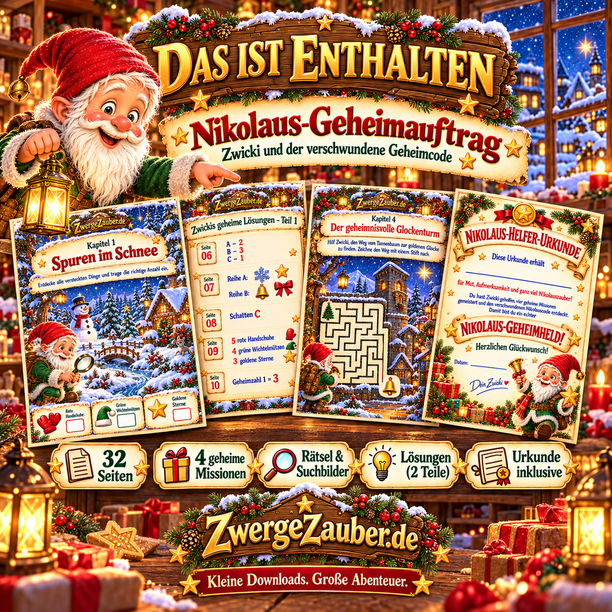 Verkaufsbild „Das ist enthalten“ zum Nikolaus-Geheimauftrag: Zwicki zeigt vier Missionen, Rätselseiten, Lösungen und die Nikolaus-Helfer-Urkunde.