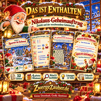 Verkaufsbild „Das ist enthalten“ zum Nikolaus-Geheimauftrag: Zwicki zeigt vier Missionen, Rätselseiten, Lösungen und die Nikolaus-Helfer-Urkunde.