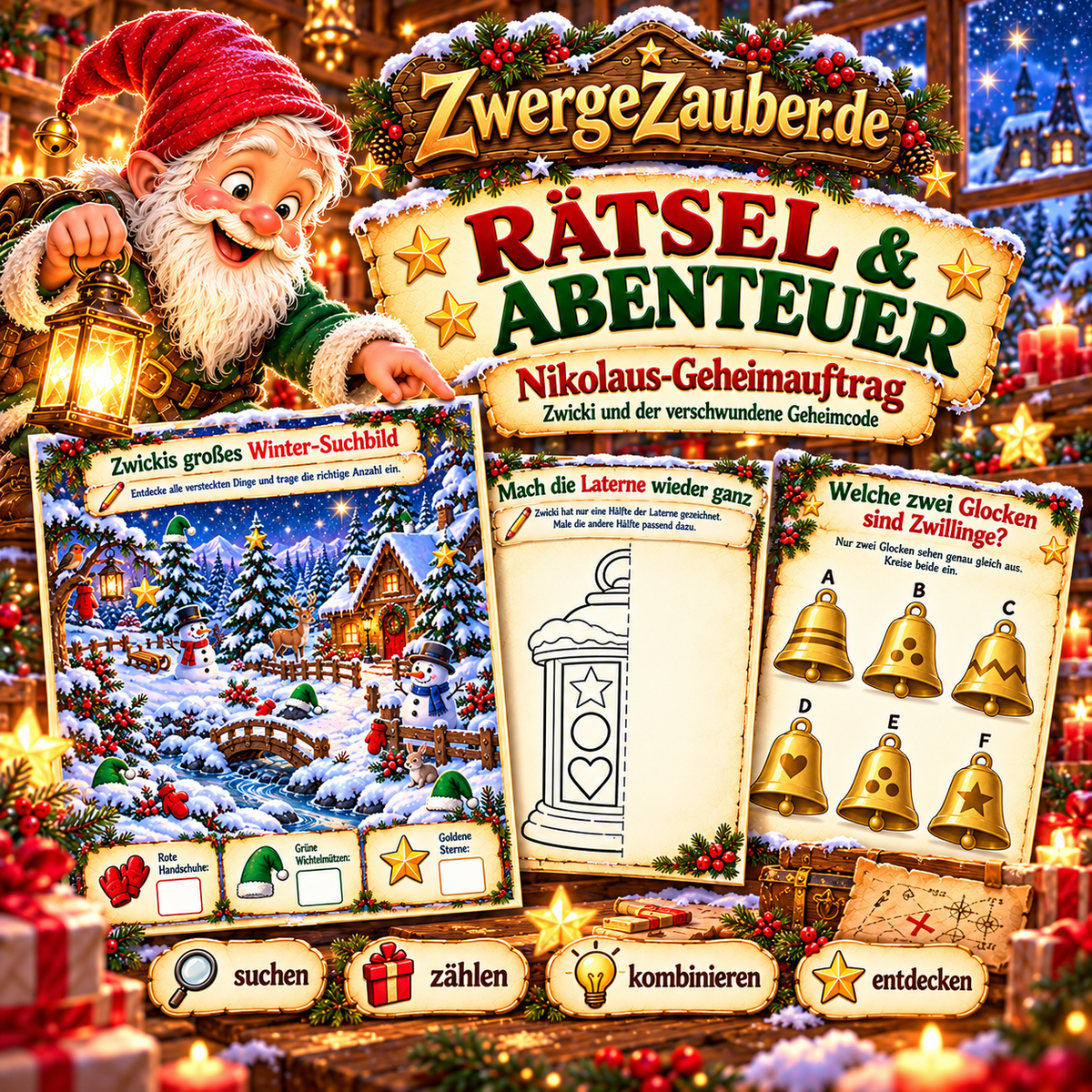 Verkaufsbild „Rätsel & Abenteuer“ mit Zwicki und Beispielen für Winter-Suchbild, Laternen-Spiegelaufgabe und Glockenzwillinge im Nikolaus-Geheimauftrag.