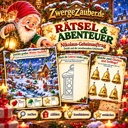 Verkaufsbild „Rätsel & Abenteuer“ mit Zwicki und Beispielen für Winter-Suchbild, Laternen-Spiegelaufgabe und Glockenzwillinge im Nikolaus-Geheimauftrag.