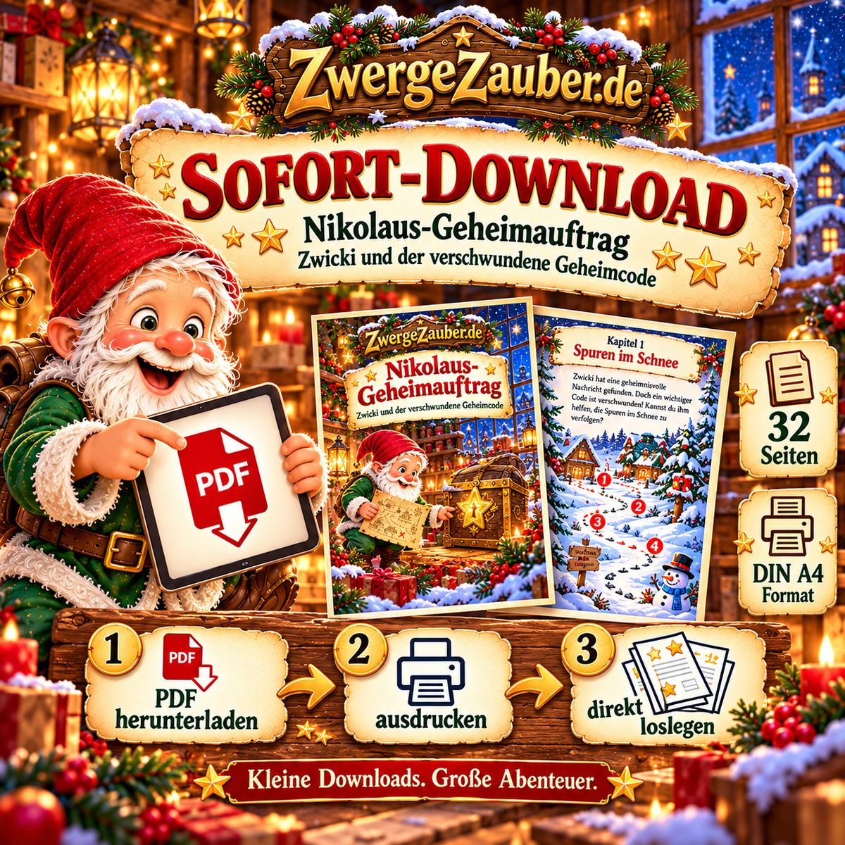 Verkaufsbild „Sofort-Download“: Zwicki zeigt den Nikolaus-Geheimauftrag als PDF zum Herunterladen und Ausdrucken im DIN-A4-Format.