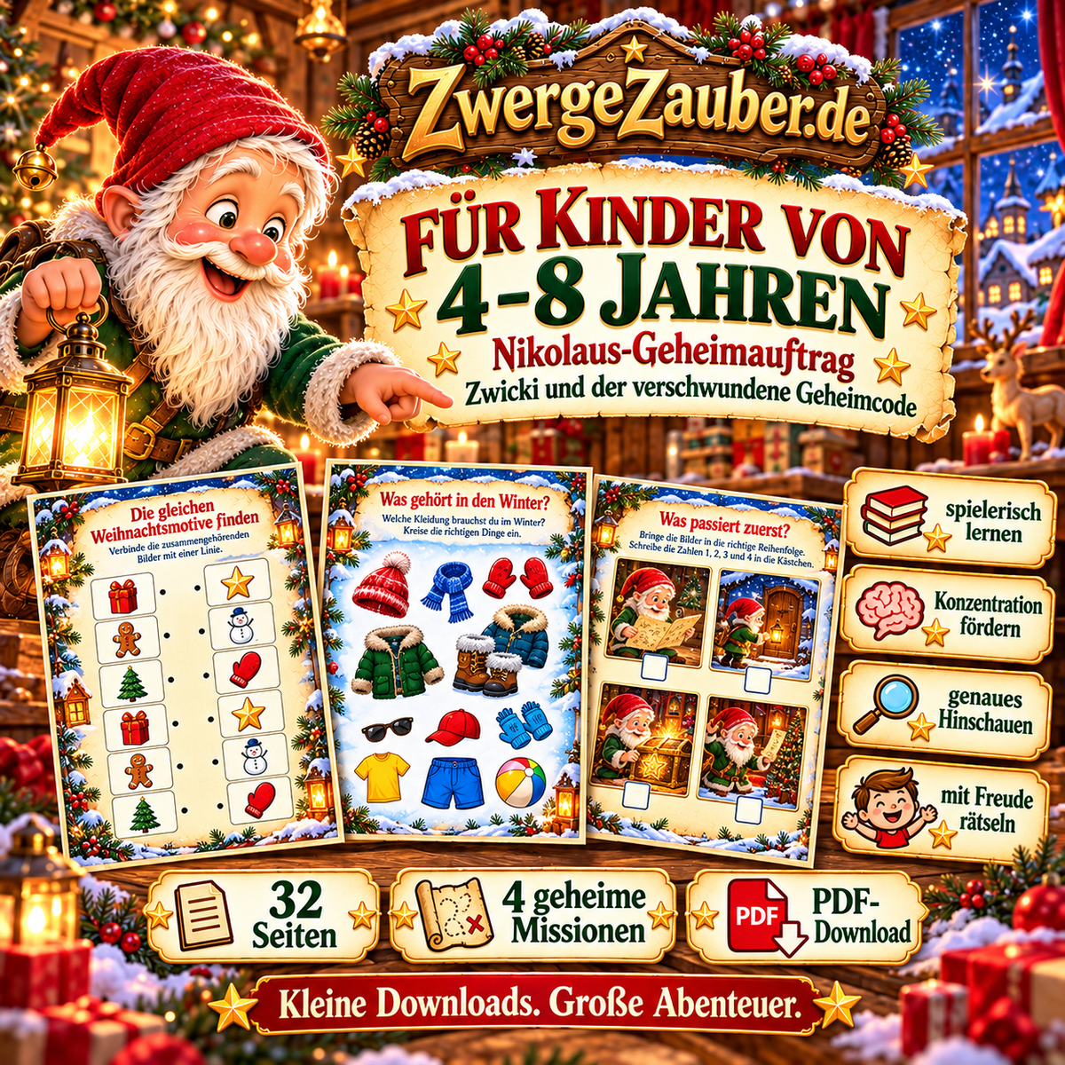 Verkaufsbild „Für Kinder von 4–8 Jahren“ mit Zwicki, Zuordnungs- und Reihenfolgeaufgaben sowie Hinweisen zum spielerischen Rätseln.