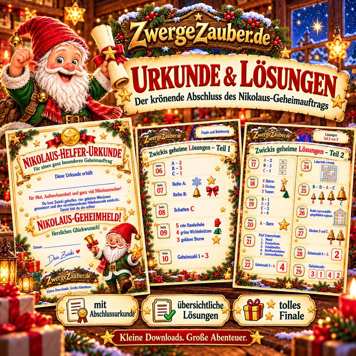 Verkaufsbild „Urkunde & Lösungen“ mit Zwicki, personalisierbarer Nikolaus-Helfer-Urkunde und den zwei Lösungsübersichten des Rätselhefts.