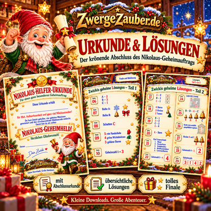Verkaufsbild „Urkunde & Lösungen“ mit Zwicki, personalisierbarer Nikolaus-Helfer-Urkunde und den zwei Lösungsübersichten des Rätselhefts.
