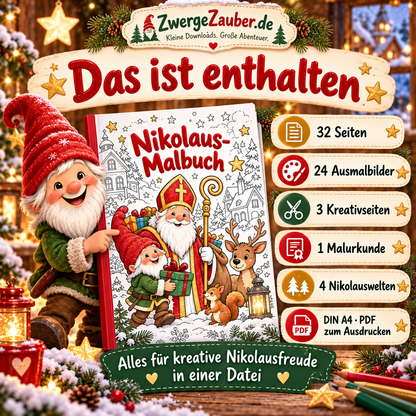 Inhaltsübersicht des Nikolaus-Malbuchs: 24 Ausmalbilder, 3 Kreativseiten, Malurkunde und vier Nikolauswelten.