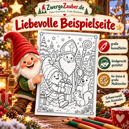 Zwicki zeigt ein schwarzweißes Nikolaus-Ausmalmotiv mit Nikolaus und winterlicher Dorfkulisse.