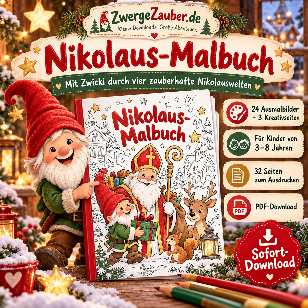 Zwicki präsentiert das Nikolaus-Malbuch für Kinder von 3 bis 8 Jahren mit 32 Seiten zum Ausdrucken.