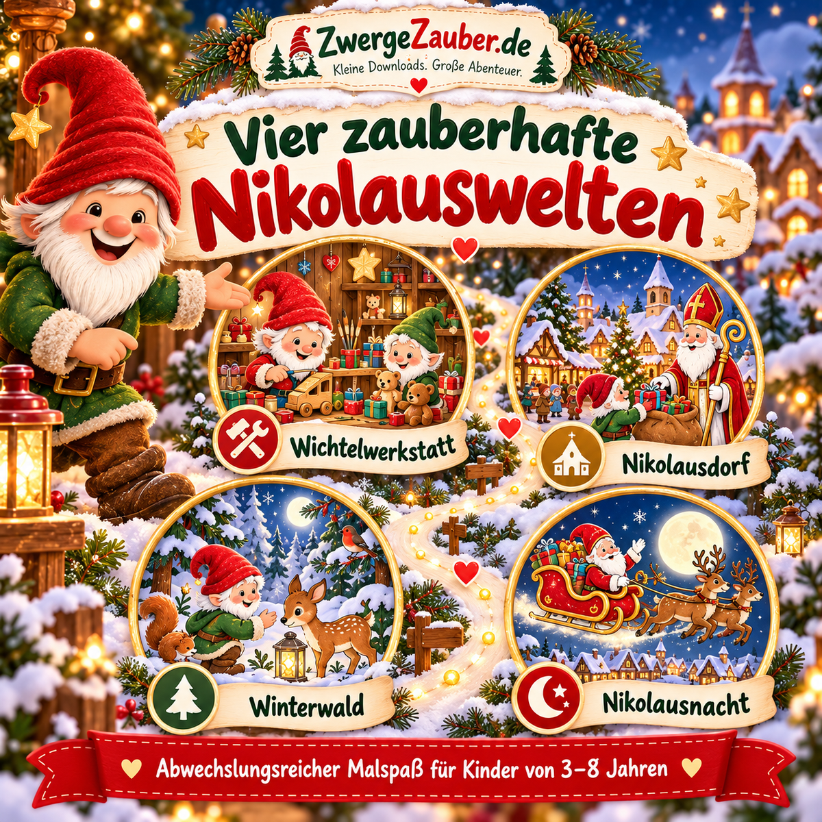 Vier Themenwelten des Nikolaus-Malbuchs: Wichtelwerkstatt, Nikolausdorf, Winterwald und Nikolausnacht.