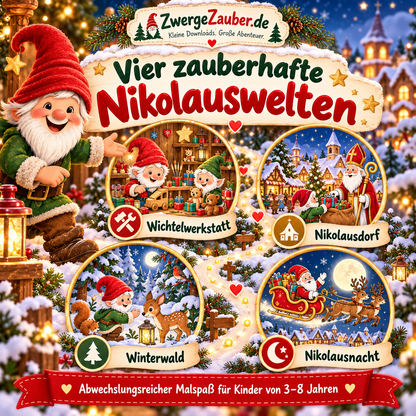 Vier Themenwelten des Nikolaus-Malbuchs: Wichtelwerkstatt, Nikolausdorf, Winterwald und Nikolausnacht.
