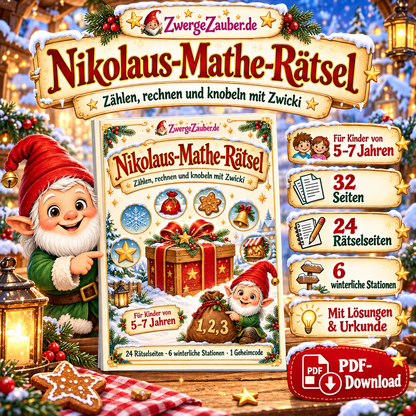 Nikolaus-Mathe-Rätsel als PDF für Kinder von 5 bis 7 Jahren: Zwicki zeigt das winterliche Rätselheft mit 32 Seiten und sechs Stationen.