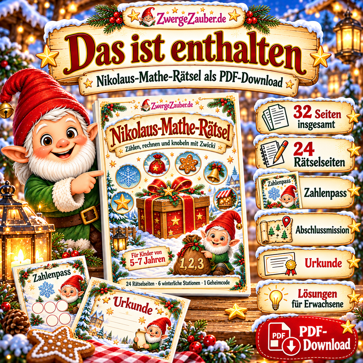 Inhaltsübersicht zum Nikolaus-Mathe-Rätsel mit 32 Seiten, 24 Rätselseiten, Zahlenpass, Abschlussmission, Urkunde und Lösungen für Erwachsene.