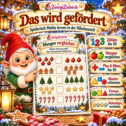 Zwicki erklärt, was das Nikolaus-Mathe-Rätsel fördert: Zählen bis 10, Mengen vergleichen, Plus und Minus, Muster und Formen erkennen.