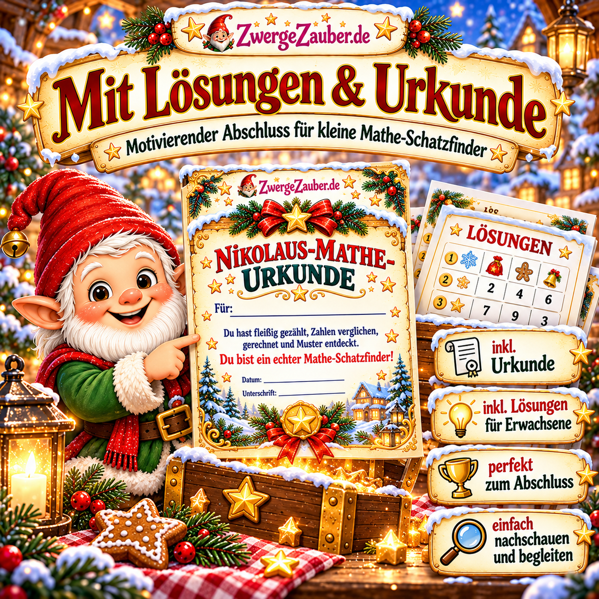 Zwicki präsentiert die ausfüllbare Nikolaus-Mathe-Urkunde und die Lösungsseiten für Erwachsene aus dem Nikolaus-Mathe-Rätsel.