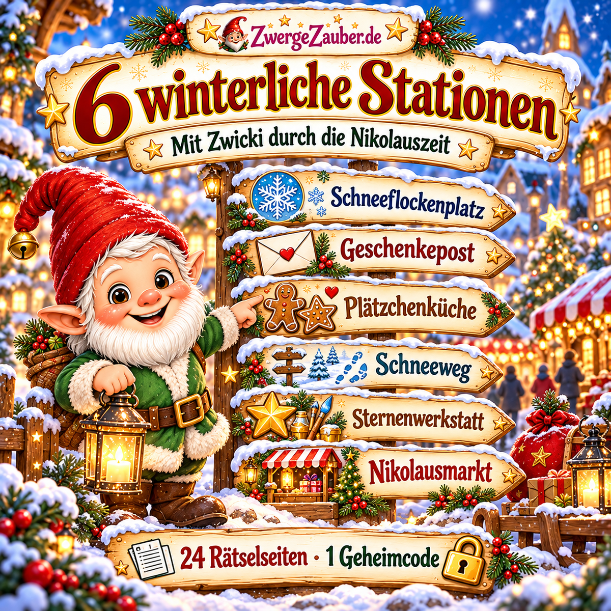 Zwicki zeigt die sechs Stationen im Nikolaus-Mathe-Rätsel: Schneeflockenplatz, Geschenkepost, Plätzchenküche, Schneeweg, Sternenwerkstatt und Nikolausmarkt.