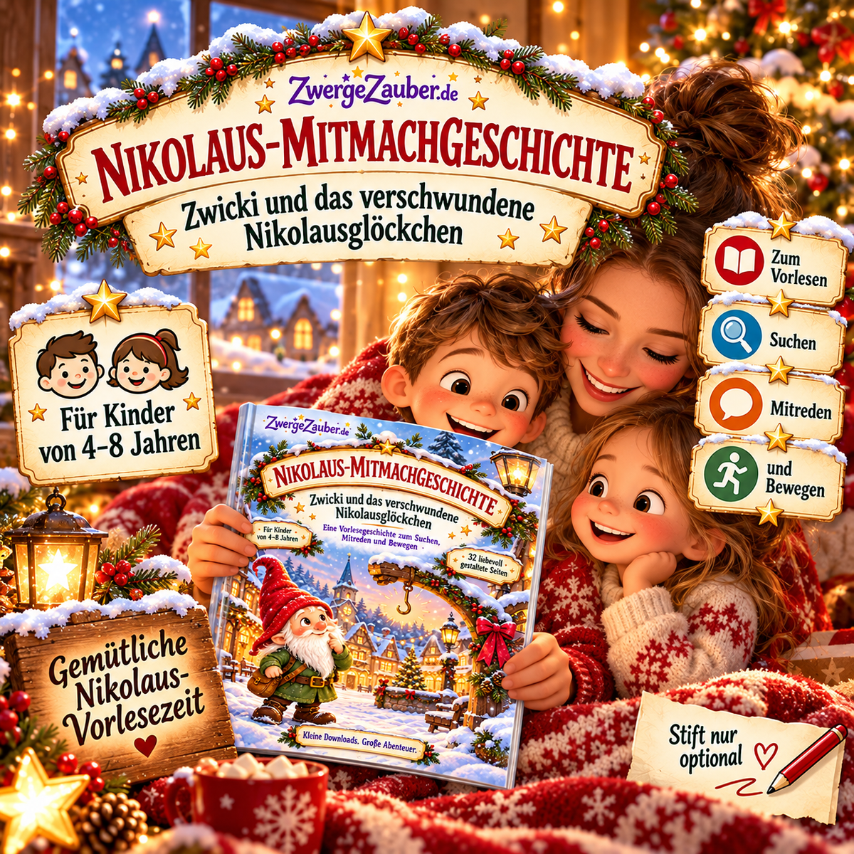Gemütliche Vorlesezeit: Eine Erwachsene liest mit zwei Kindern die Nikolaus-Mitmachgeschichte mit Zwicki für 4 bis 8 Jahre.