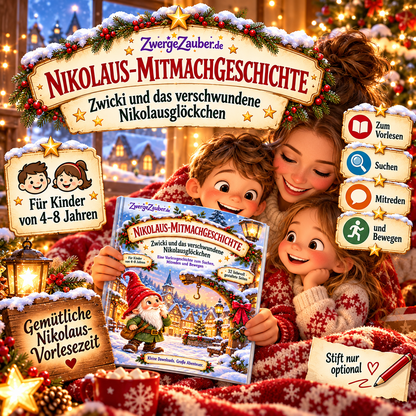 Gemütliche Vorlesezeit: Eine Erwachsene liest mit zwei Kindern die Nikolaus-Mitmachgeschichte mit Zwicki für 4 bis 8 Jahre.