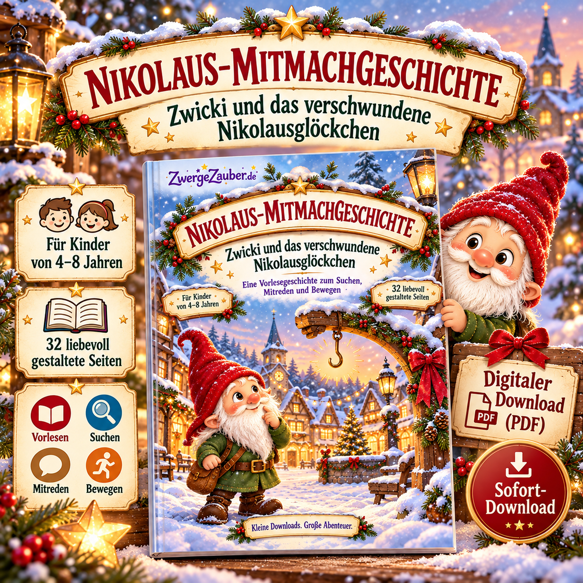Hauptbild der Nikolaus-Mitmachgeschichte: Zwicki, winterliches Buch-Mockup, 32 PDF-Seiten für Kinder von 4 bis 8 Jahren.
