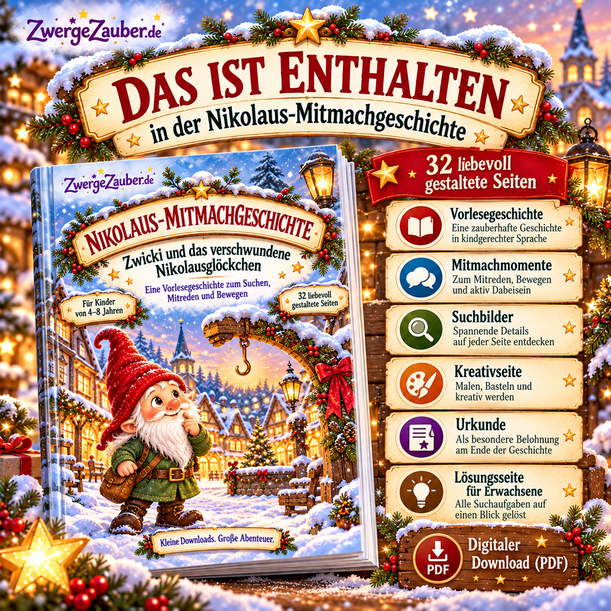 Zweite Inhaltsübersicht des Nikolaus-PDFs mit Zwicki: Vorlesen, Mitmachen, Suchbilder, Kreativseite und Lösungen für Erwachsene.
