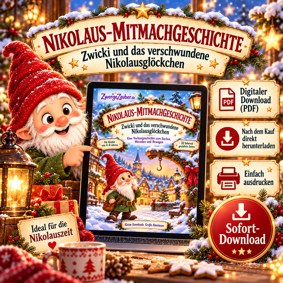Digitaler Download der Nikolaus-Mitmachgeschichte mit Zwicki: PDF nach dem Kauf herunterladen und einfach ausdrucken.