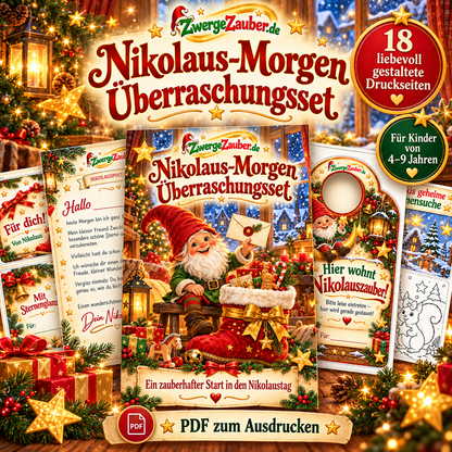 Nikolaus-Morgen Überraschungsset von ZwergeZauber.de mit Zwicki, 18 PDF-Druckseiten und Vorlagen für Kinder von 4–9 Jahren.