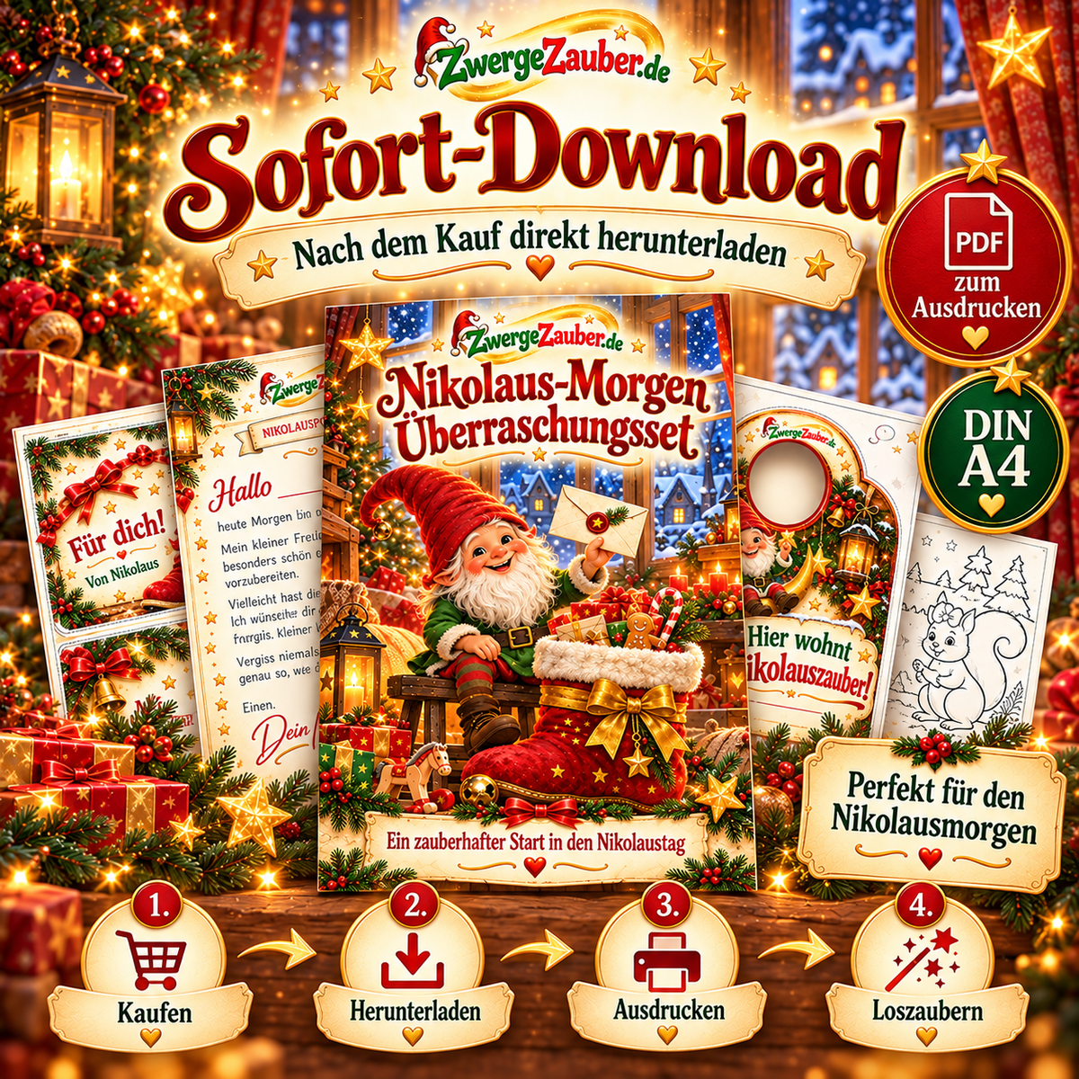 Sofort-Download des Nikolaus-Morgen Überraschungssets als DIN-A4-PDF: kaufen, herunterladen, ausdrucken und loszaubern.