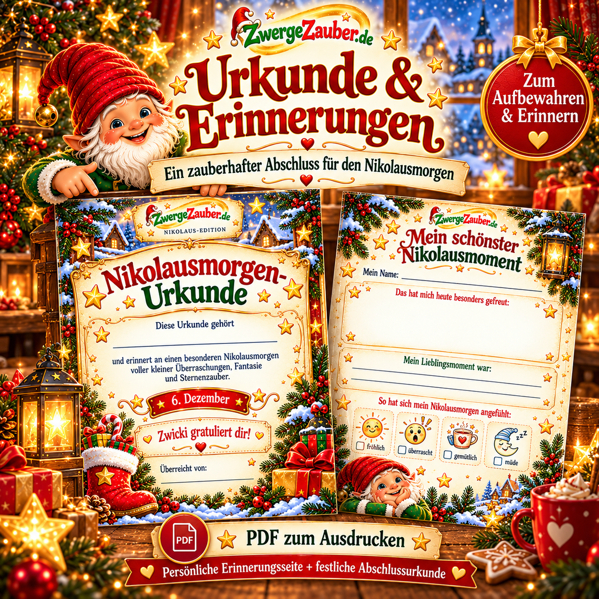 Nikolausmorgen-Urkunde und persönliche Erinnerungsseite von ZwergeZauber.de mit Namensfeldern, Malfläche und Gefühlssymbolen.