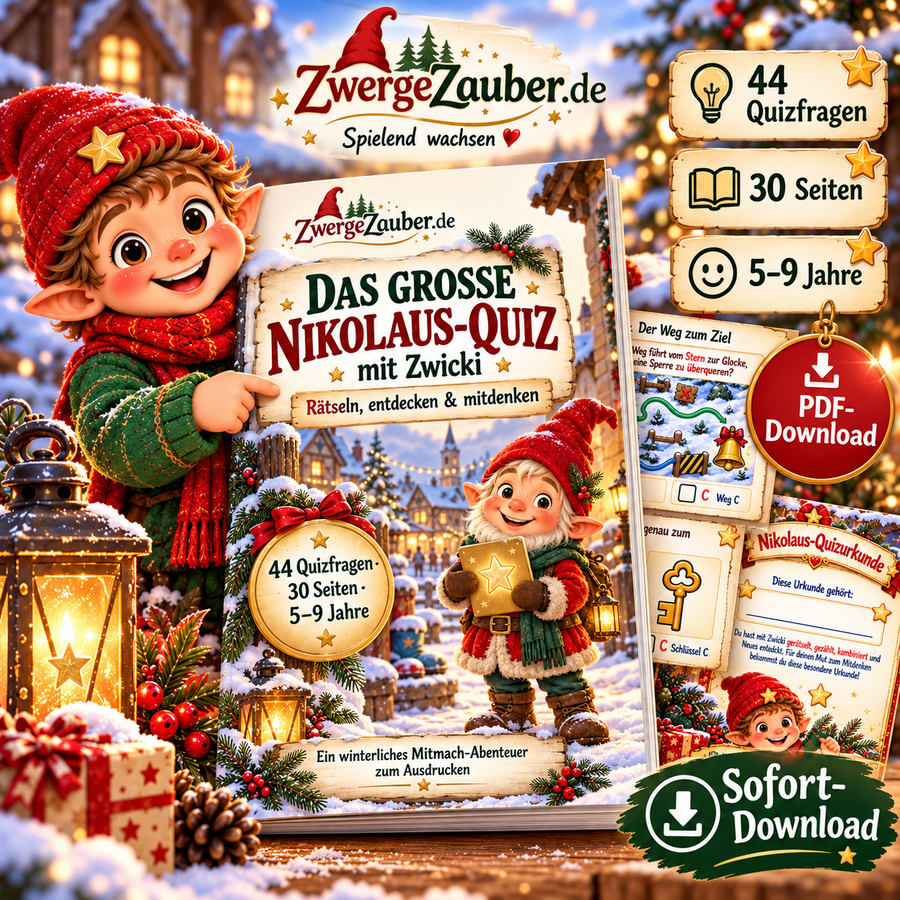 Das große Nikolaus-Quiz mit Zwicki von ZwergeZauber.de – 44 Quizfragen auf 30 Seiten für Kinder von 5 bis 9 Jahren als PDF zum Ausdrucken.