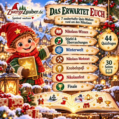 Sieben abwechslungsreiche Quizstationen mit Zwicki: Nikolaus-Wissen, Stiefel und Überraschungen, Winterwelt, Nikolaus-Werkstatt, Knobelspaß, Nikolausfest und großes Finale.