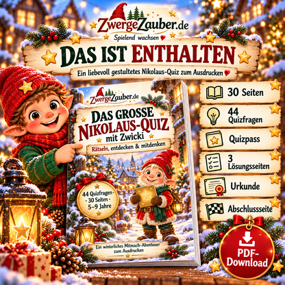 Das große Nikolaus-Quiz enthält 30 liebevoll gestaltete PDF-Seiten mit 44 Quizfragen, Quizpass, drei Lösungsseiten, Urkunde und Abschlussseite.