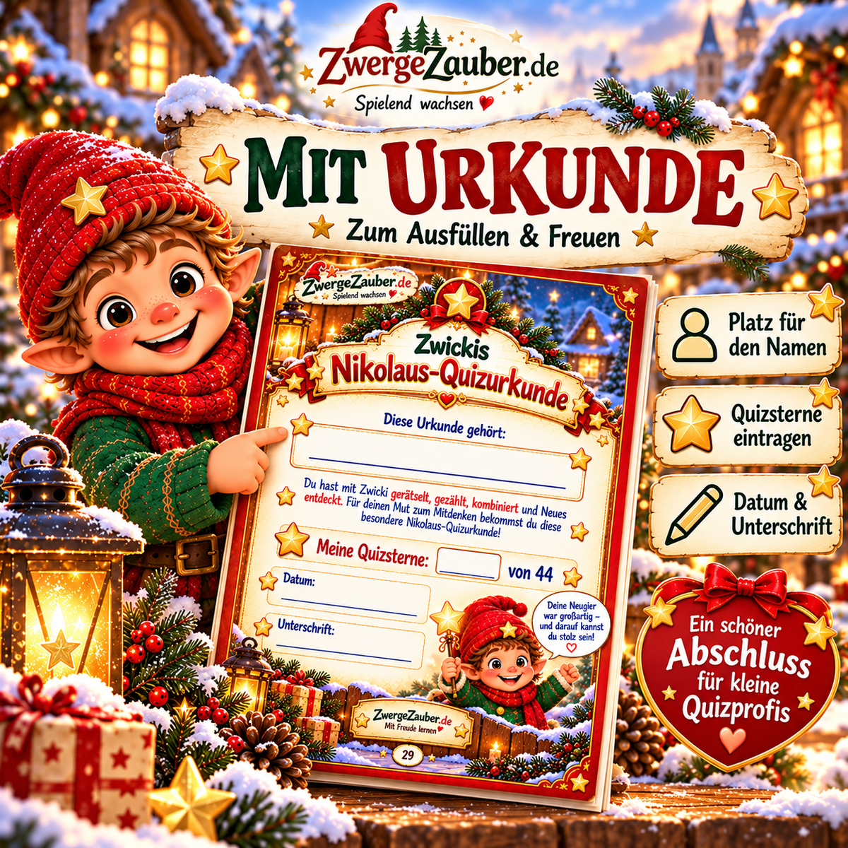 Personalisierbare Nikolaus-Quizurkunde von ZwergeZauber mit Namensfeld, Quizsternen, Datum und Unterschrift zum Ausdrucken für Kinder.