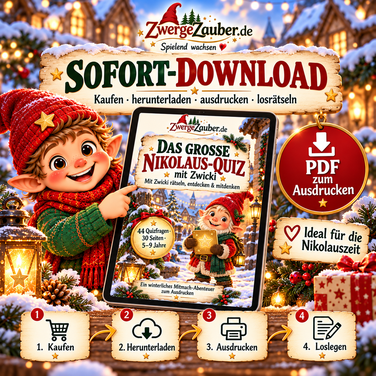 Nikolaus-Quiz mit Zwicki als digitaler PDF-Sofortdownload – nach dem Kauf herunterladen, auf DIN A4 ausdrucken und direkt losrätseln.