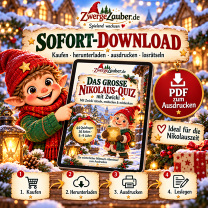 Nikolaus-Quiz mit Zwicki als digitaler PDF-Sofortdownload – nach dem Kauf herunterladen, auf DIN A4 ausdrucken und direkt losrätseln.