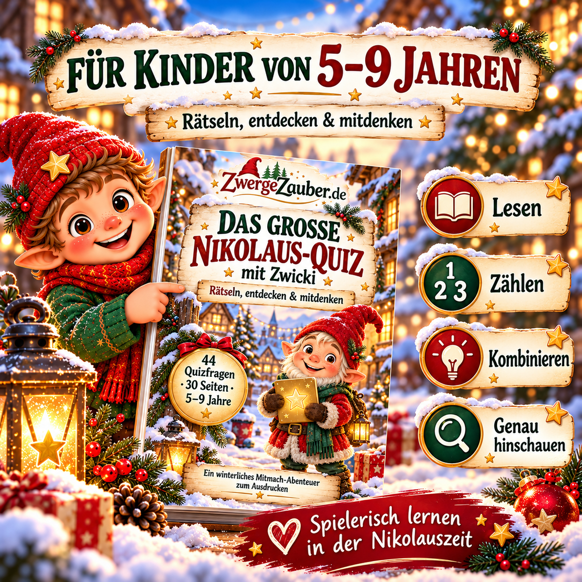 Nikolaus-Quiz für Kinder von 5 bis 9 Jahren mit abwechslungsreichen Aufgaben zum Lesen, Zählen, Kombinieren und genauen Hinschauen mit Zwicki.