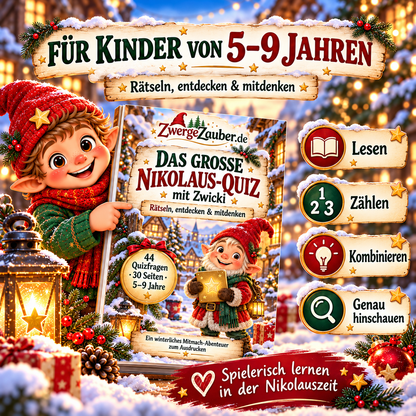 Nikolaus-Quiz für Kinder von 5 bis 9 Jahren mit abwechslungsreichen Aufgaben zum Lesen, Zählen, Kombinieren und genauen Hinschauen mit Zwicki.