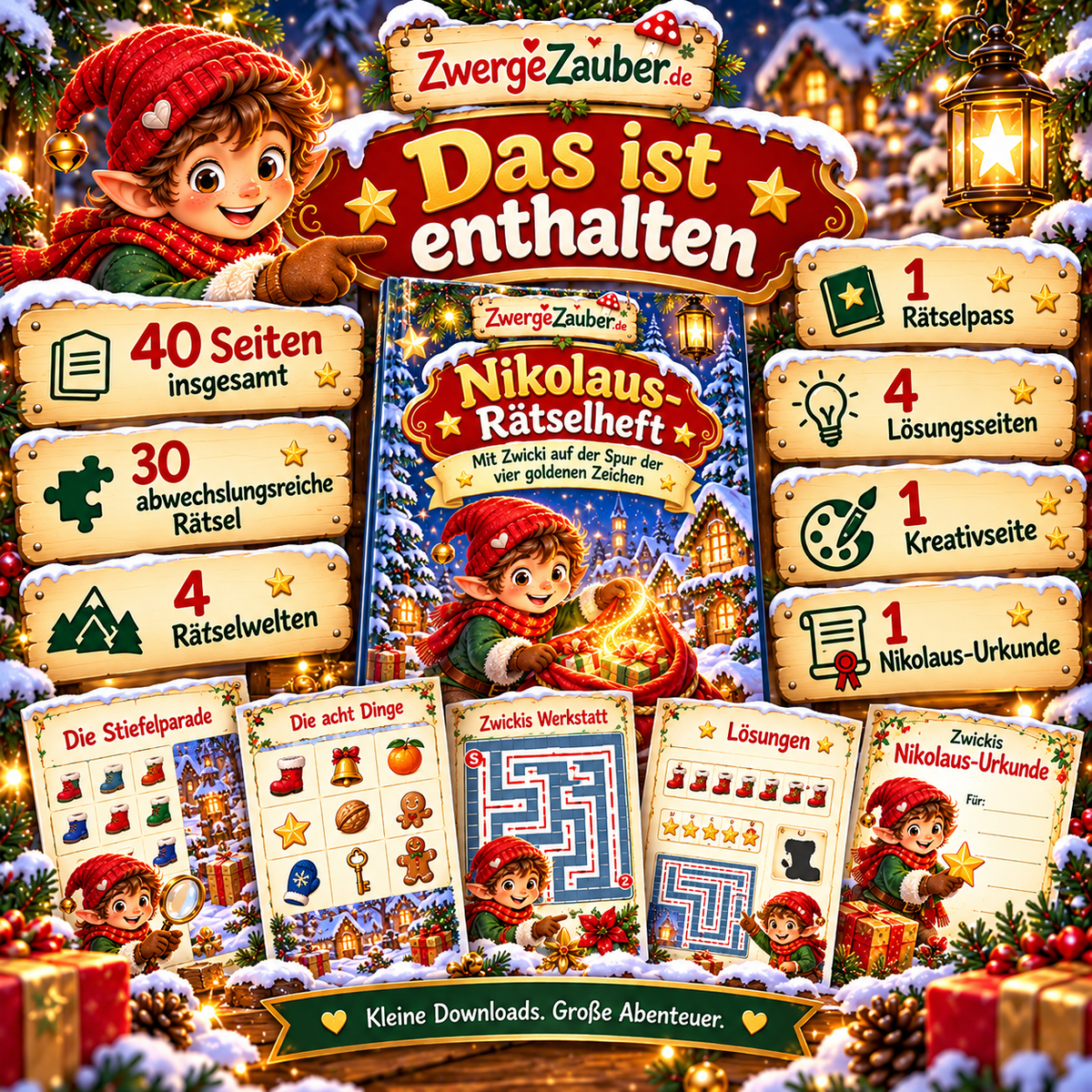 Inhaltsübersicht des Nikolaus-Rätselhefts mit 30 Rätseln, vier Rätselwelten, Rätselpass, Lösungsseiten, Kreativseite und Urkunde.