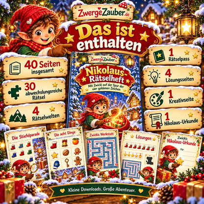 Inhaltsübersicht des Nikolaus-Rätselhefts mit 30 Rätseln, vier Rätselwelten, Rätselpass, Lösungsseiten, Kreativseite und Urkunde.